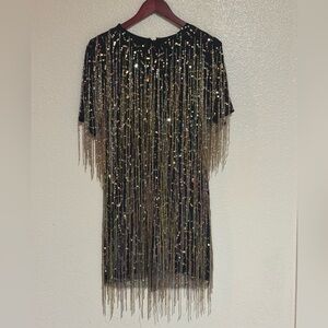 Nasty Gal Black and Gold Fringe Mini Dress
